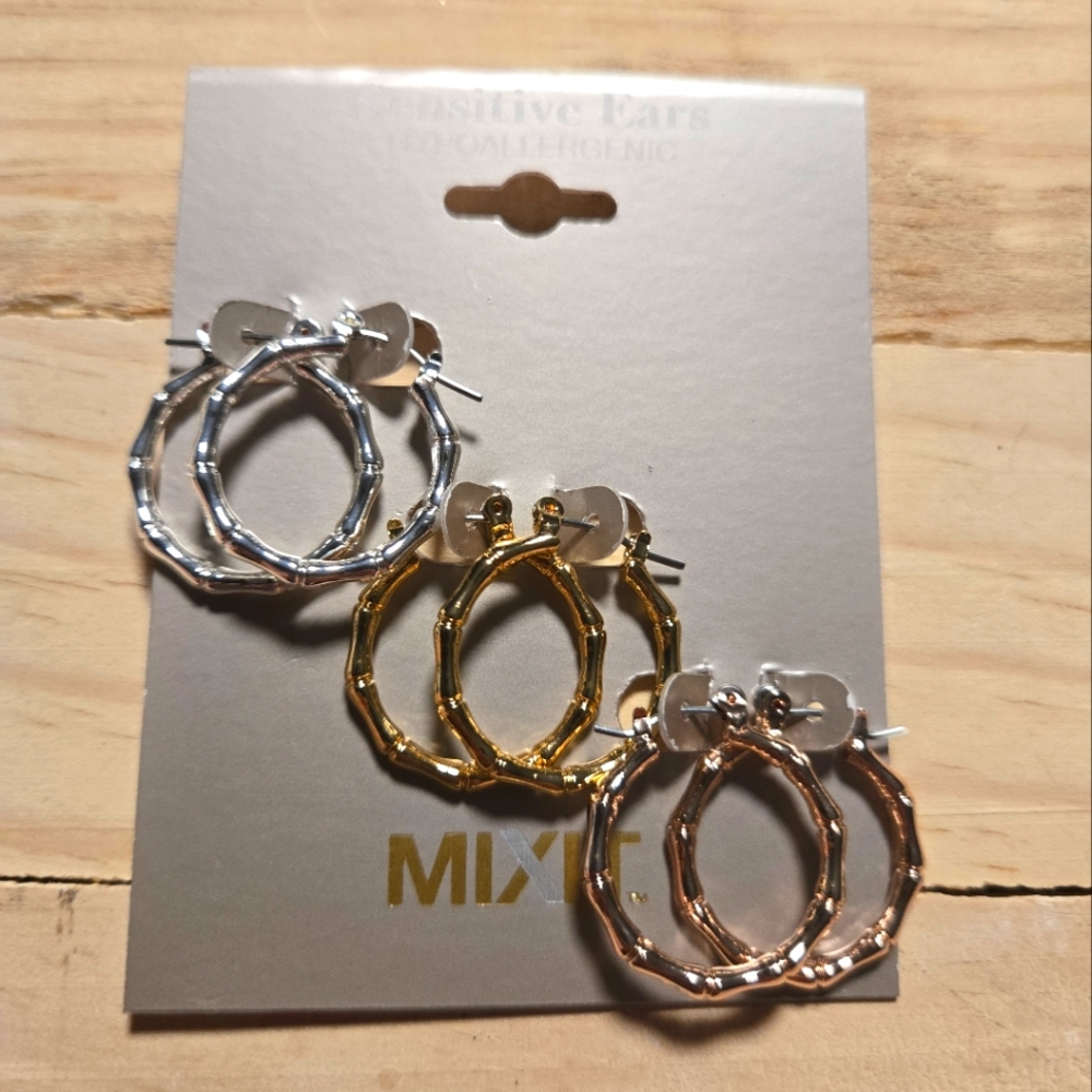 Mixit Silver, Rose And Gold Tone Textured Bambo Hoop Earrings Sensitive Ears